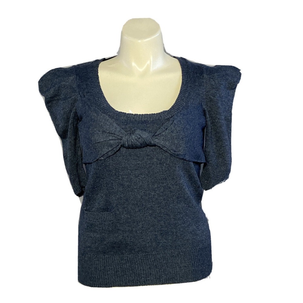 BCBGeneration Sweater MED‎ Heather Grey Bow Front Puff Short Sl Top Wool Bl LN